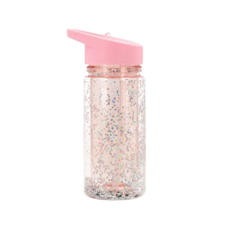 Botella Plástico con Pajita Glitter Stars Pink Personalizable - Librería Mundo Ideas