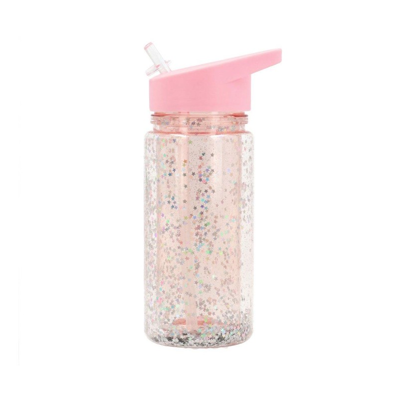 Botella Plástico con Pajita Glitter Stars Pink Personalizable - Librería Mundo Ideas