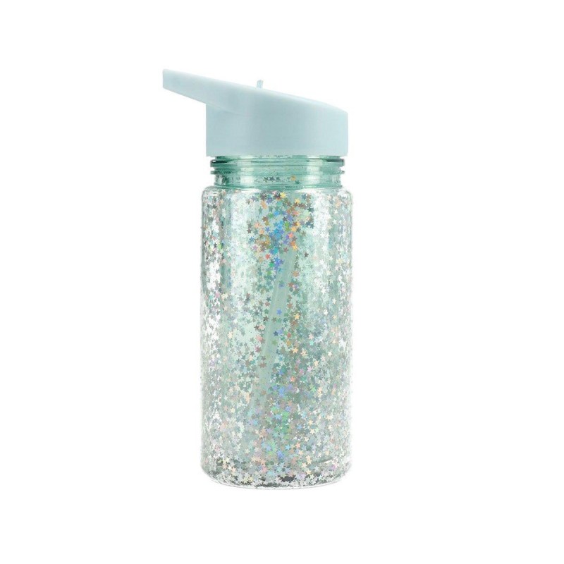 Botella Plástico con Pajita Glitter Stars Turquoise Personalizable - Librería Mundo Ideas