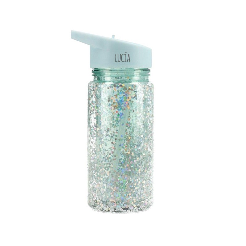 Botella Plástico con Pajita Glitter Stars Turquoise Personalizable - Librería Mundo Ideas